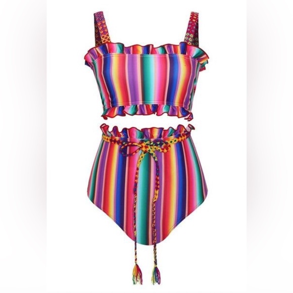 All Things Mochi Louise Rainbow Stripe Ruffled Bikini Size XS - Picture 3 of 8